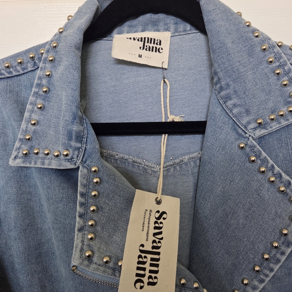 Savanna Jane Light Blue Studded Moto Style Jean Jacket Western Boho Rodeo MEDIUM - Picture 5 of 8